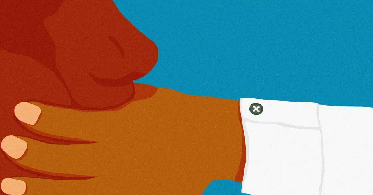 The illustration depicts a hand covering an individual's mouth.