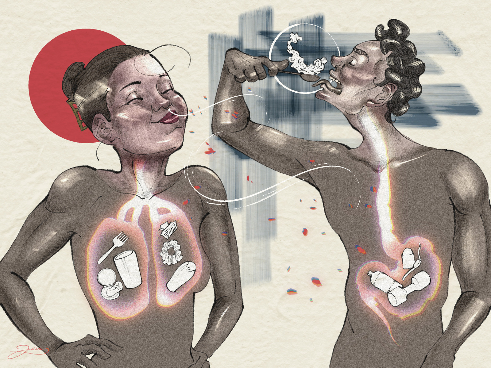 The graphic shows a man, who is about to consume a plastic tube with a spoon. Next to him, a woman is seen whose lungs are filled with items containing microplastic.