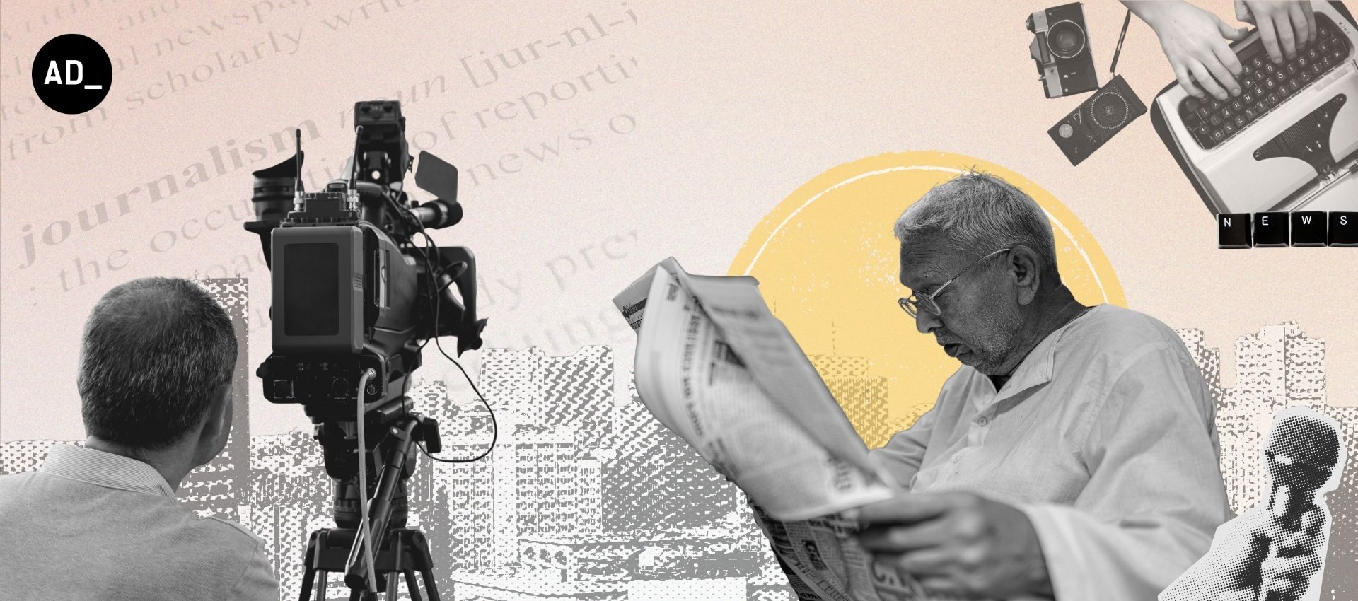 The image shows a man reading a newspaper, another person standing behind a camera and recording. It also shows a hand holding a mic. The image depicts the evolution of news media.