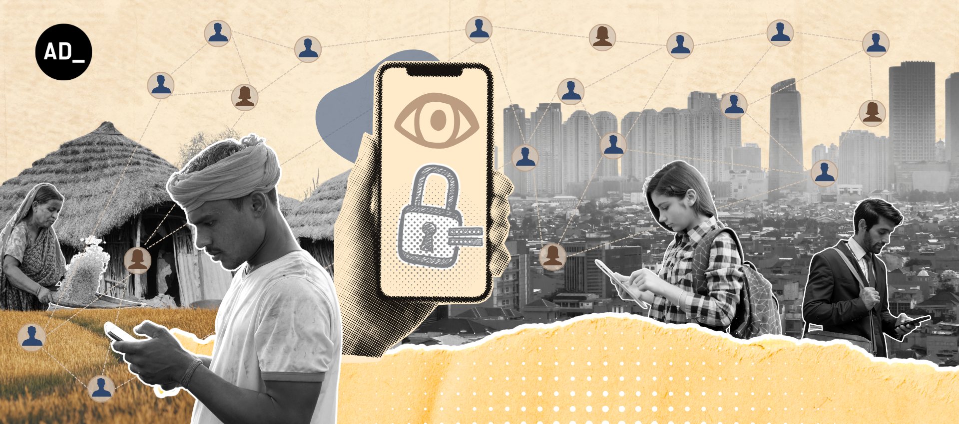 The image is a representational one, which aims to show the rural and urban divide as well as the inequalities between men and women when it comes to using exercising privacy and digital rights. On the left side, there is a scene from a village and on the right, people from a city are shown.