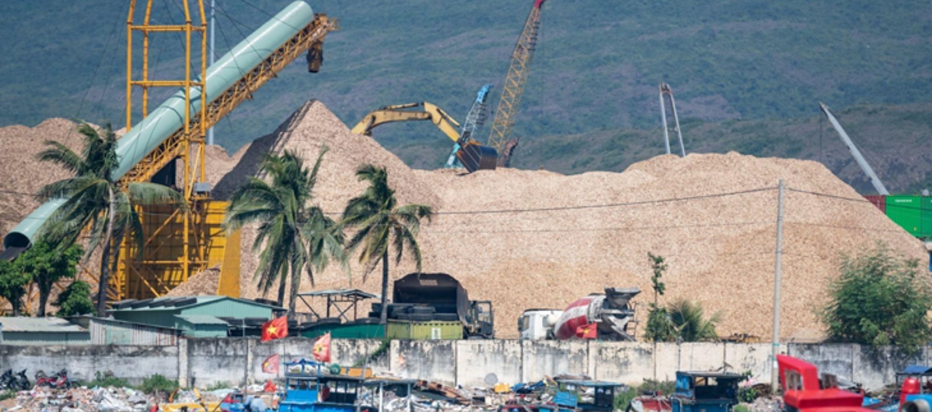 The image shows piles of wood chips towering over Quy Nhon Port in Binh Dinh province, Vietnam.