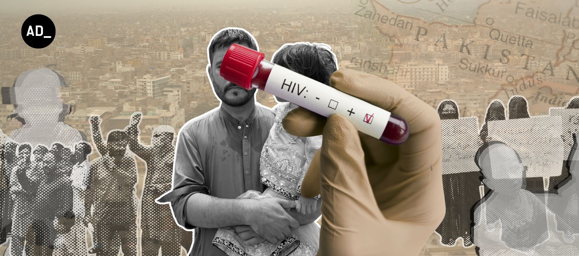 The image shows a parent from Pakistan's Karachi carrying his child in his arms. In the background, there are visuals from the protest.