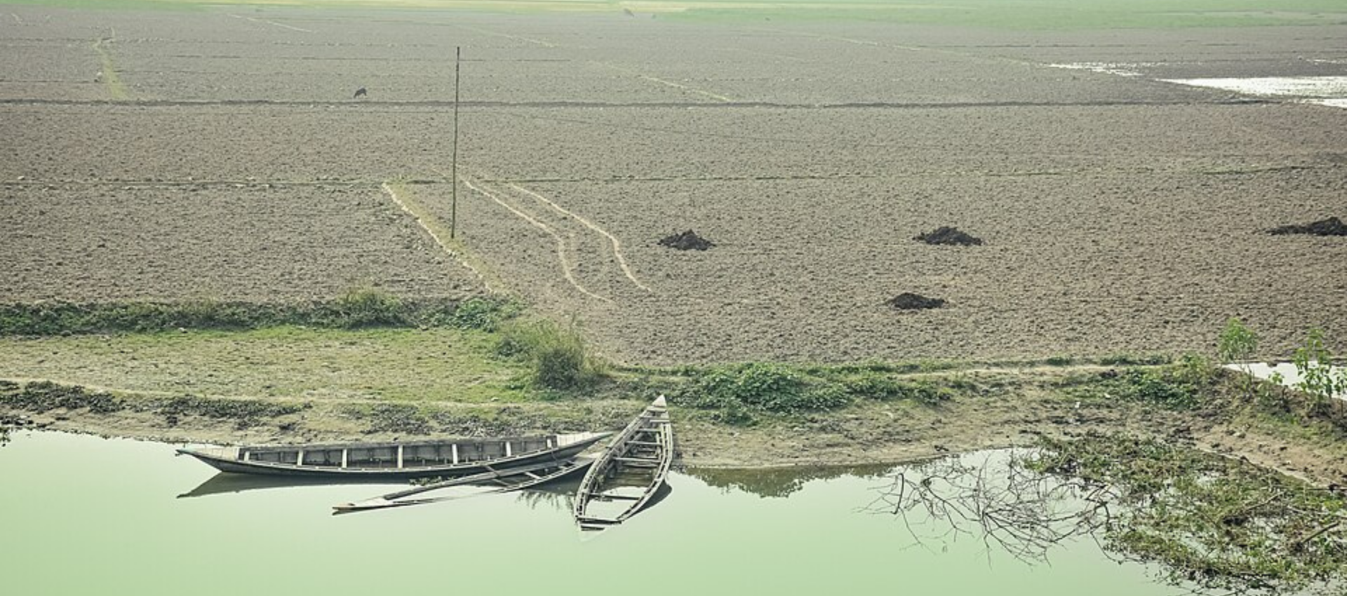The image is from Bangladesh has been used for representational purposes. It shows two boats stationed next to a waterway. The upper half of the image shows a field.