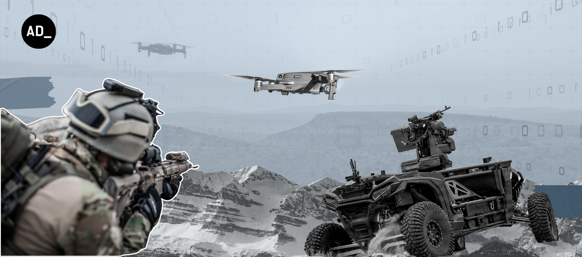 The image is representational. On the left, it shows a military personnel aiming at a target. Automated weapons could be seen on the right side of the frame, while the background carries the binary code.
