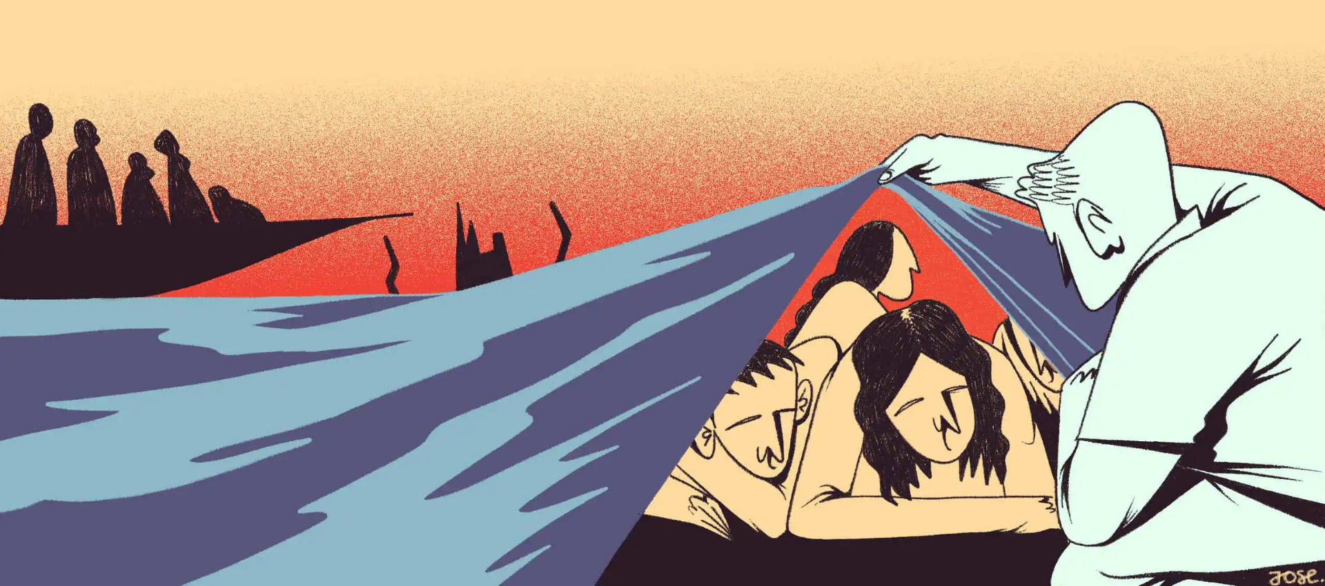 The image has been used for representational purposes only. It shows a white figure pulling a blue cloth over a group of distressed people huddled together, with dark silhouetted figures seen in the background.