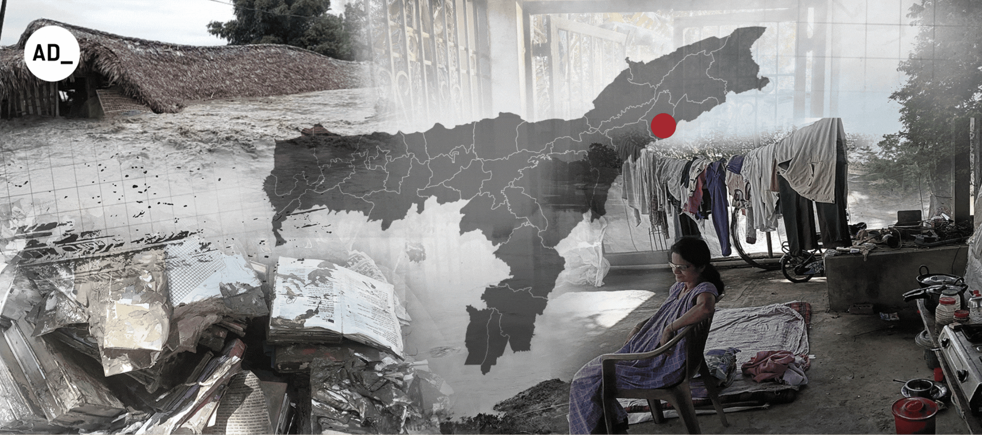 The image shows a map of Assam and marks Nazira, the area that was badly impacted due to the floods in July 2026. It also shows some images from the ground to show the impact of the disaster.