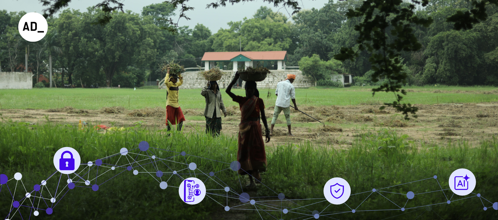 People can be seen carrying baskets on their heads in a green agricultural field, while symbols of AI and network could be seen in the foreground. This is to represent digital privacy and generative AI.