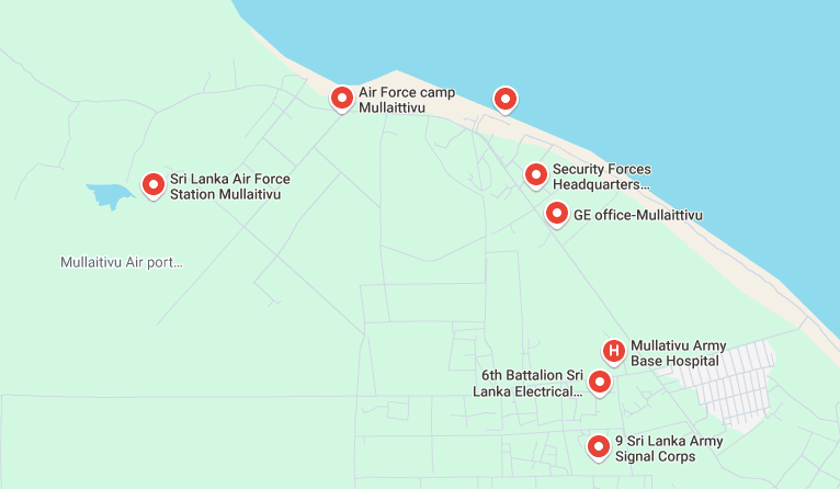 A simple Google map search reveals just a few of the military installations and camps dotted along the main roads in Mullaitivu. Screenshot: Google Maps