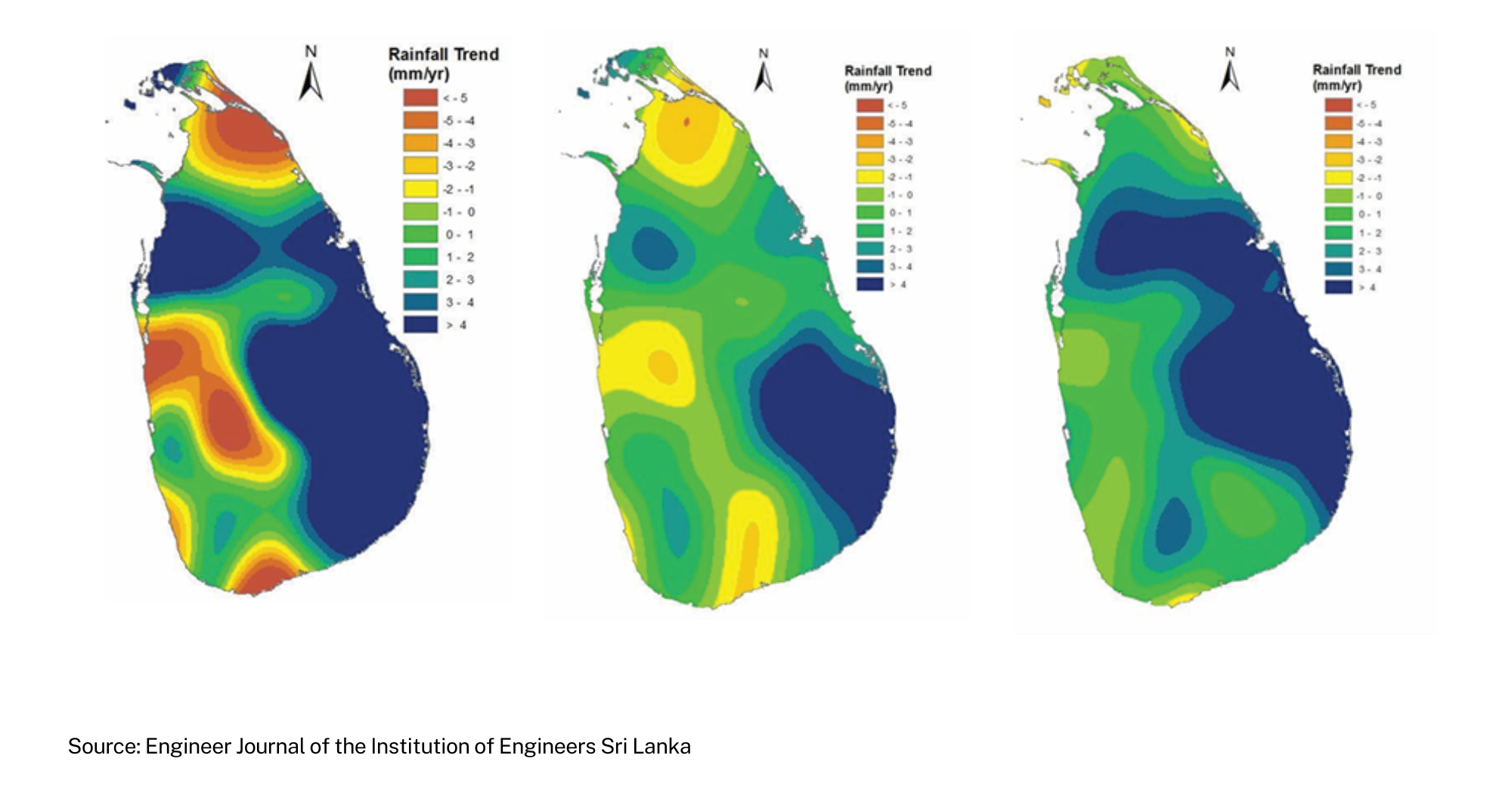 Graphic with three spatial interpolation maps of Sri Lanka showing that rainfall patterns have changed over the years with the district now receiving torrential pours. 