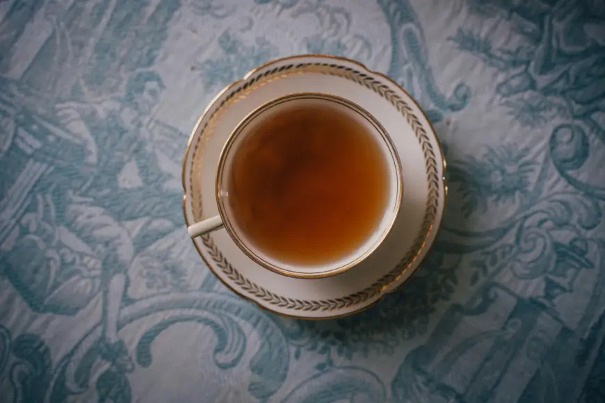 tea cup on a white and blue surface