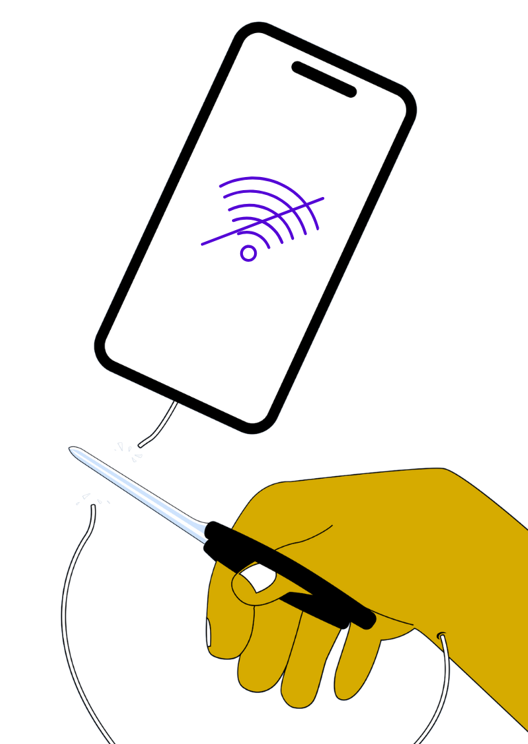 The image showcases a hand cutting the cord connecting it to a mobile phone.