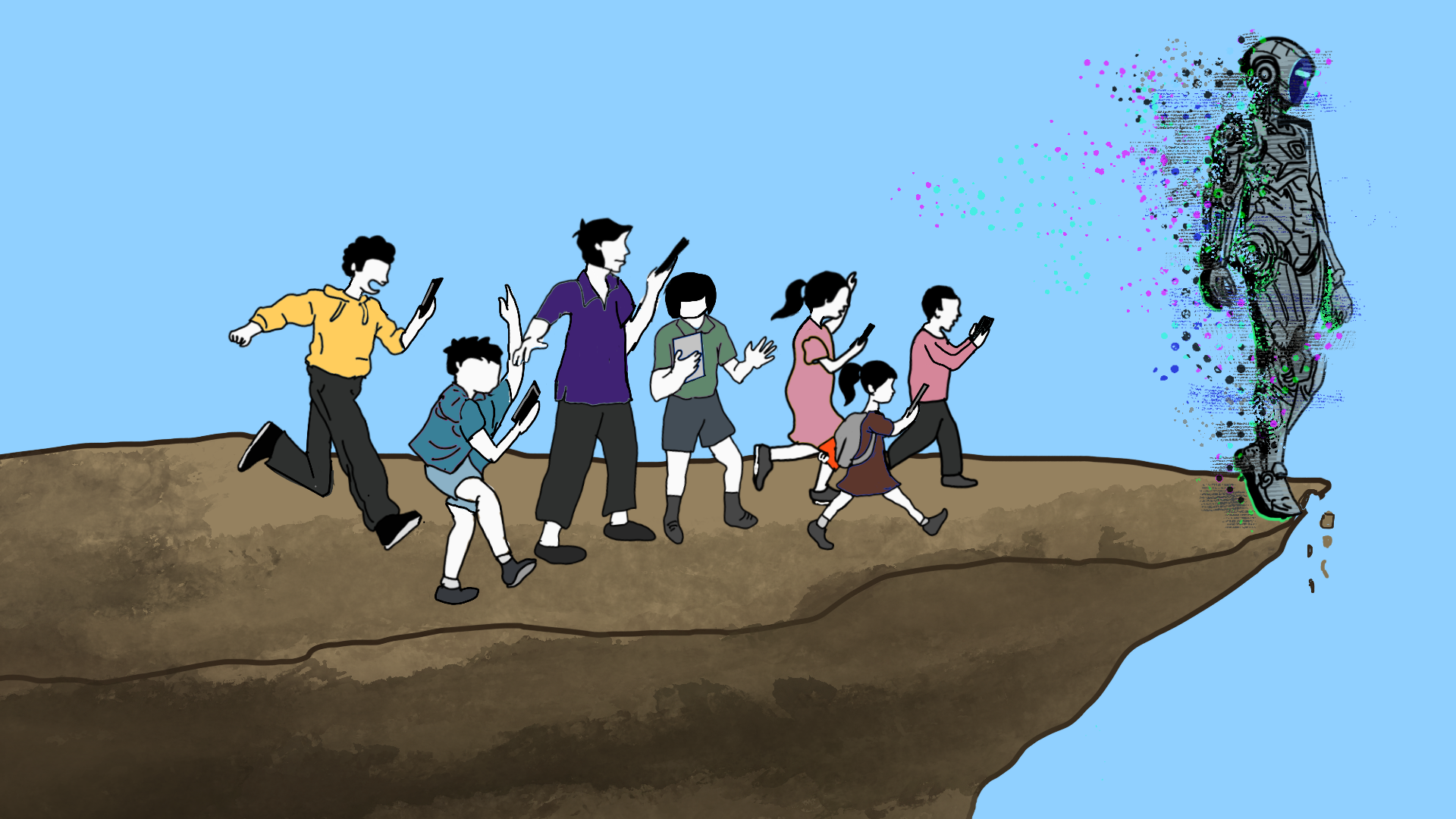 An illustration of children being drawn towards AI systems. Illustration: Sharanya Eshwar/Asian Dispatch